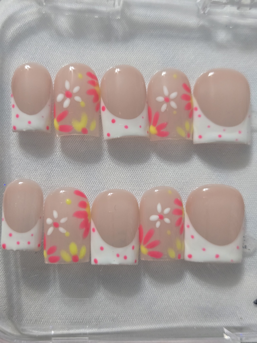 Floral French Tip Press-On Nails Nude White & Neon- Baby Duck Style Short